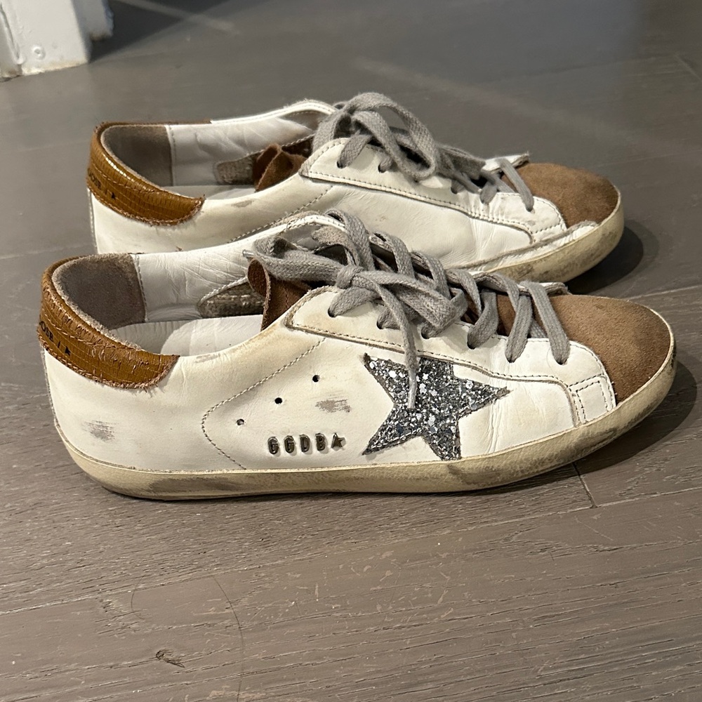 Golden Goose White and Brown Sneakers with Glitter Star